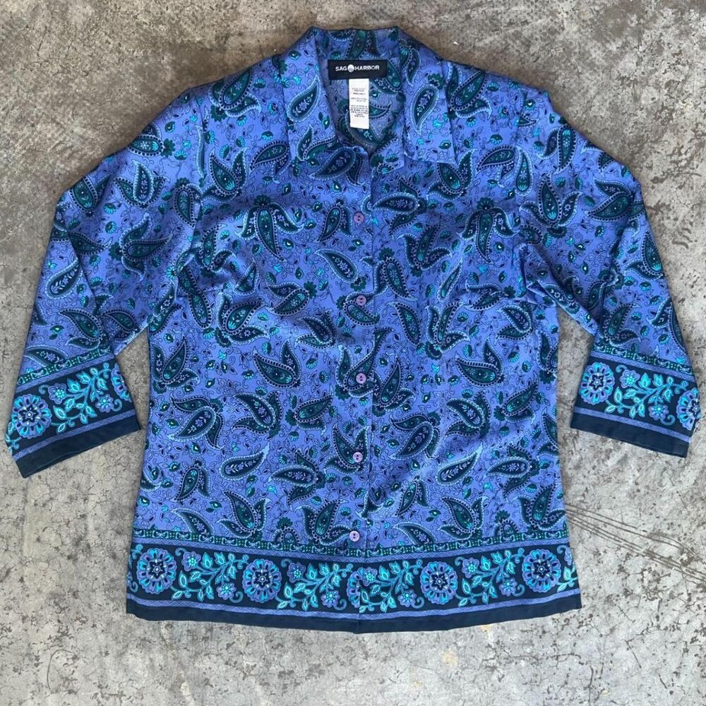 Sag Harbor Vintage Blue Purple Paisley Print Button Down Blouse 3/4 Sleeve Small